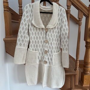 Vintage Cream Chunky Knit Button Up Cardigan with Crochet Details
